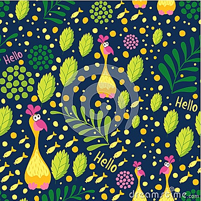 Botanical style. Suitable for textiles, furniture, wall pasting, interior decoration. Seamless pattern amazing birds, flowers, lea Vector Illustration